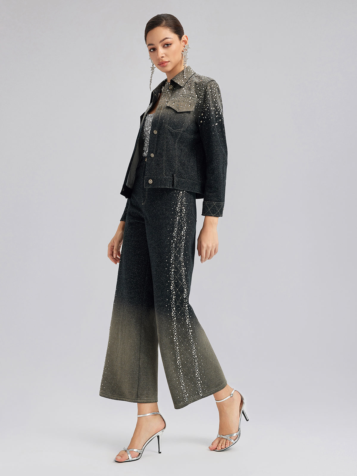Handcrafted Rhinestone Gradient Knit Straight Pants