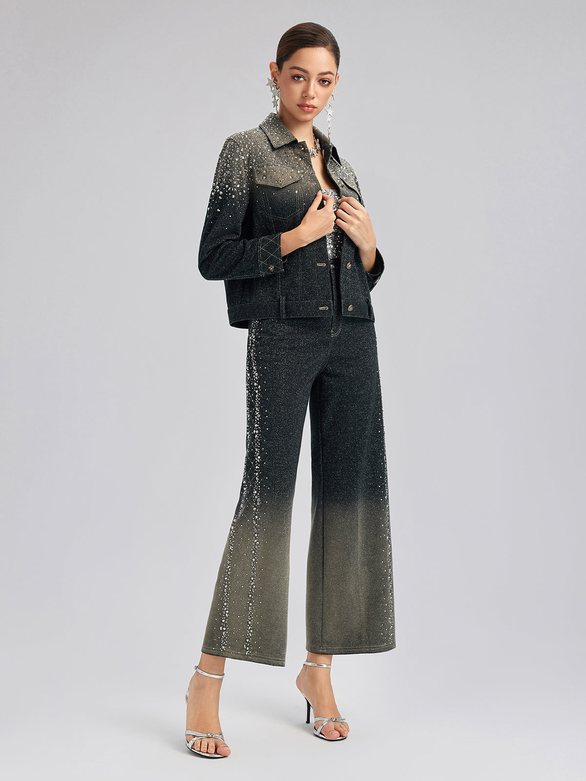 Handcrafted Rhinestone Gradient Knit Straight Pants