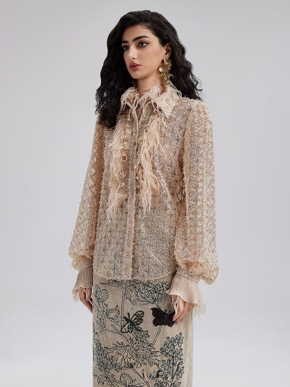 Feather Trim Lace Detail Shirt