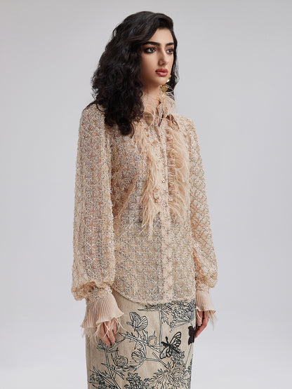 Feather Trim Lace Detail Shirt