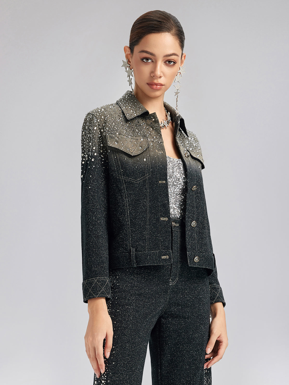 Handcrafted Rhinestone Gradient Knit Jacket