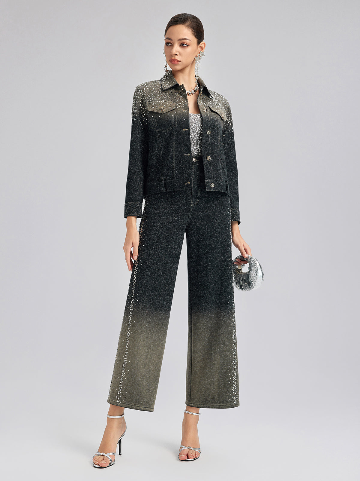 Handcrafted Rhinestone Gradient Knit Straight Pants