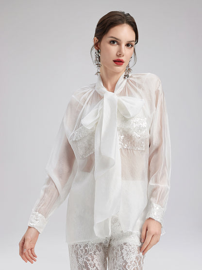 Sequin Lace-Up Raglan Sleeve Shirt