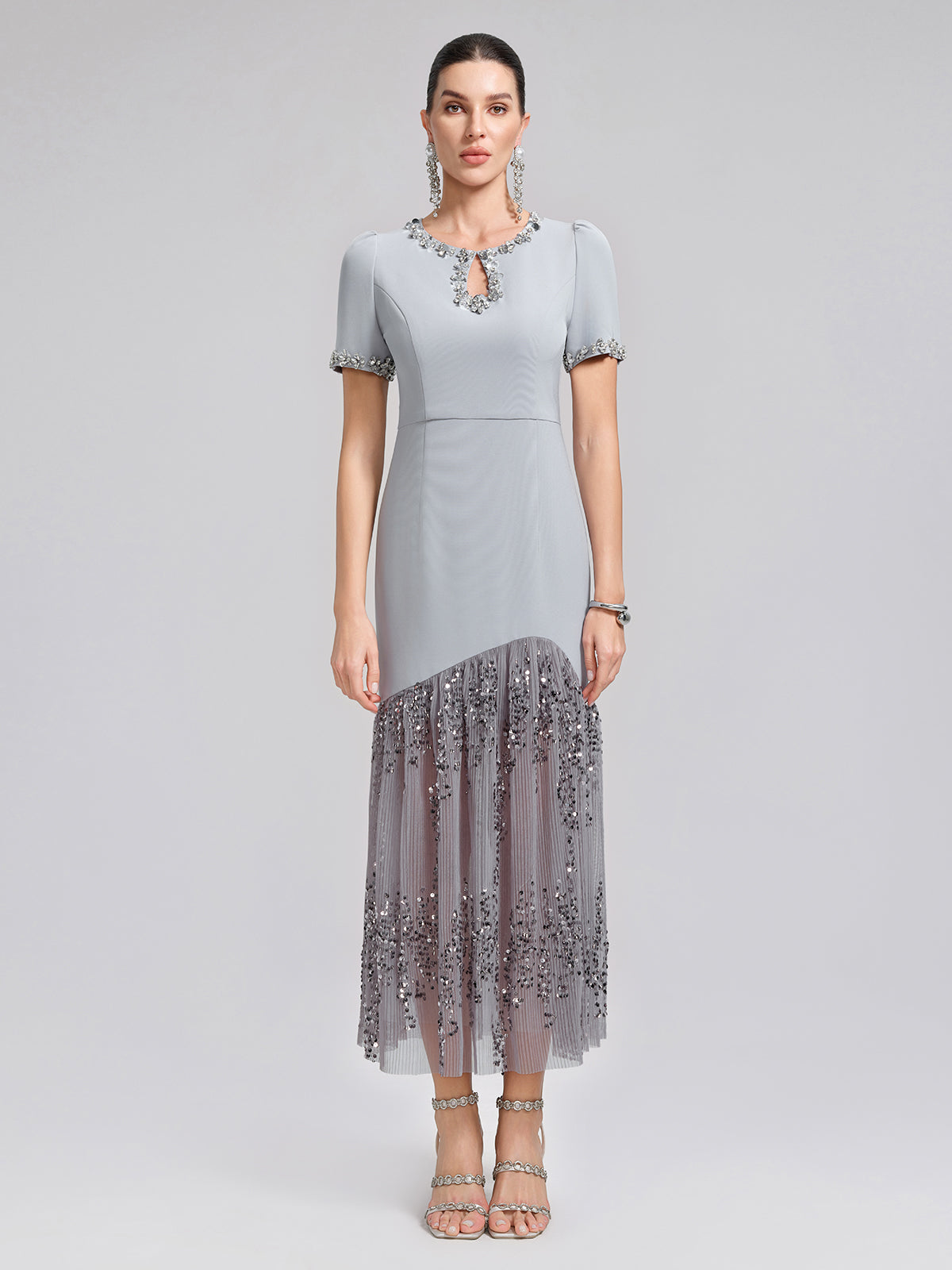 Hand-Beaded Sequin Tulle-Paneled Dress