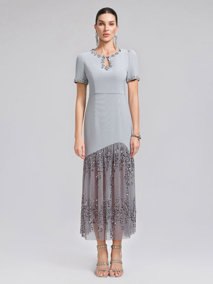 Hand-Beaded Sequin Tulle-Paneled Dress