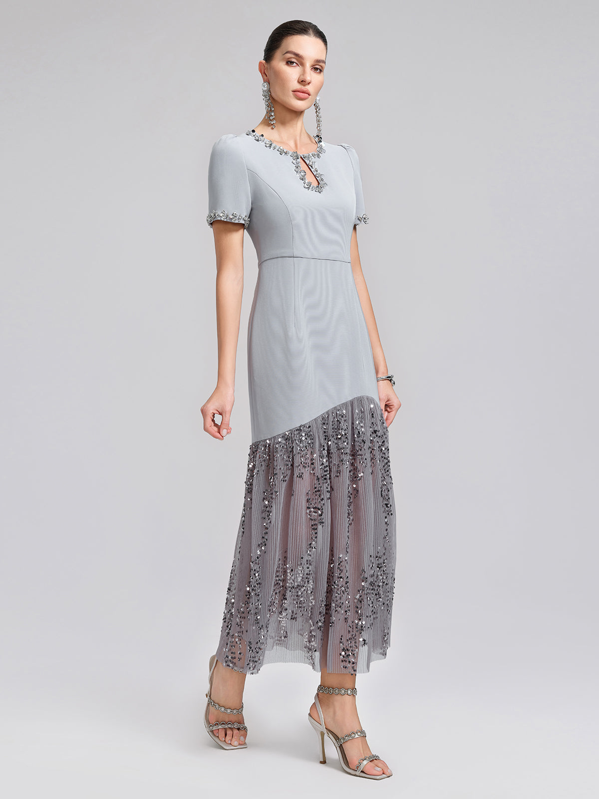 Hand-Beaded Sequin Tulle-Paneled Dress