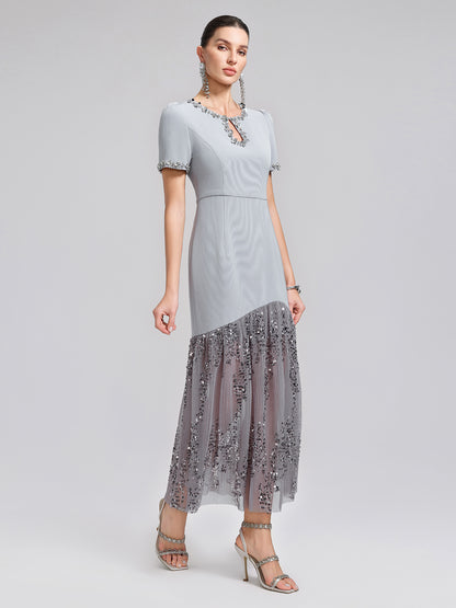 Hand-Beaded Sequin Tulle-Paneled Dress