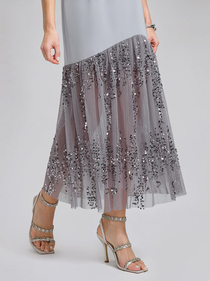 Hand-Beaded Sequin Tulle-Paneled Dress