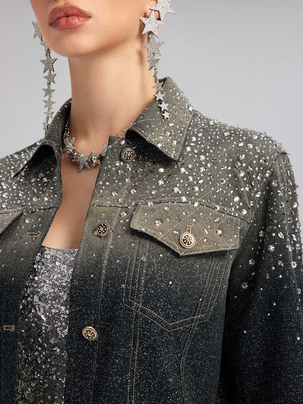 Handcrafted Rhinestone Gradient Knit Jacket