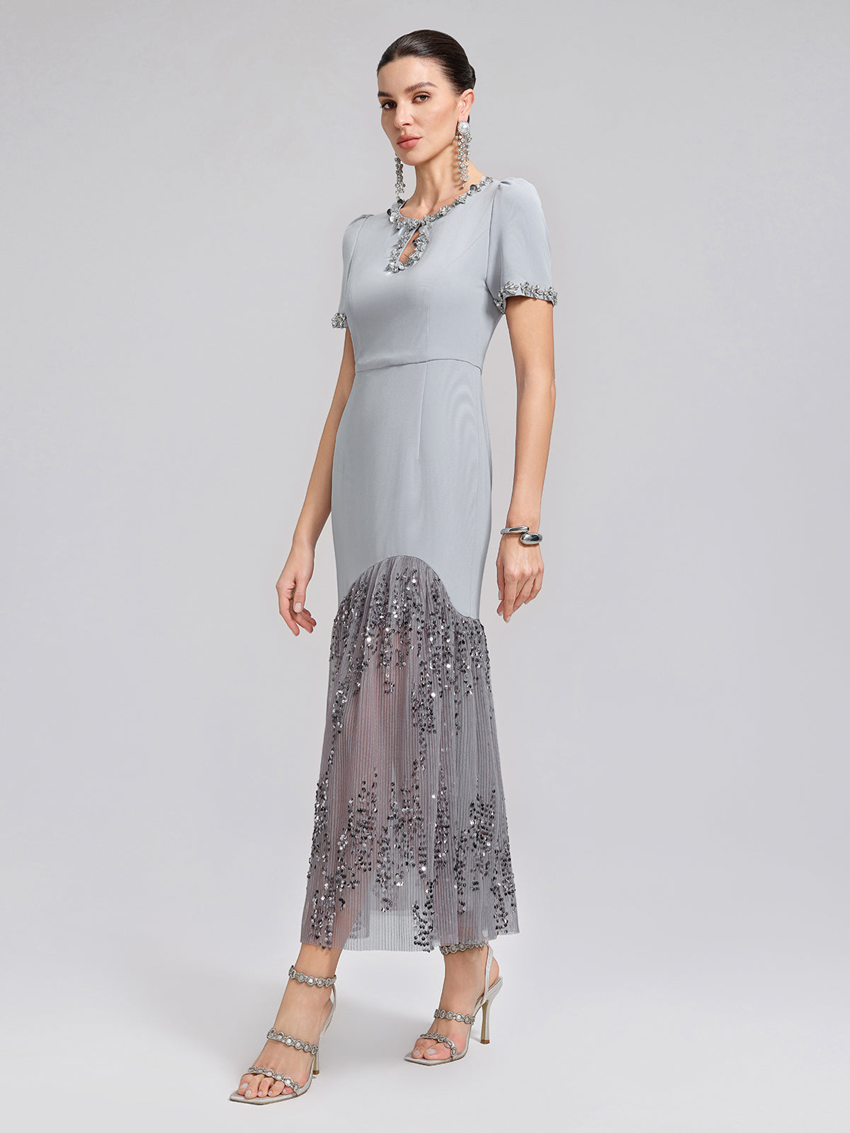 Hand-Beaded Sequin Tulle-Paneled Dress