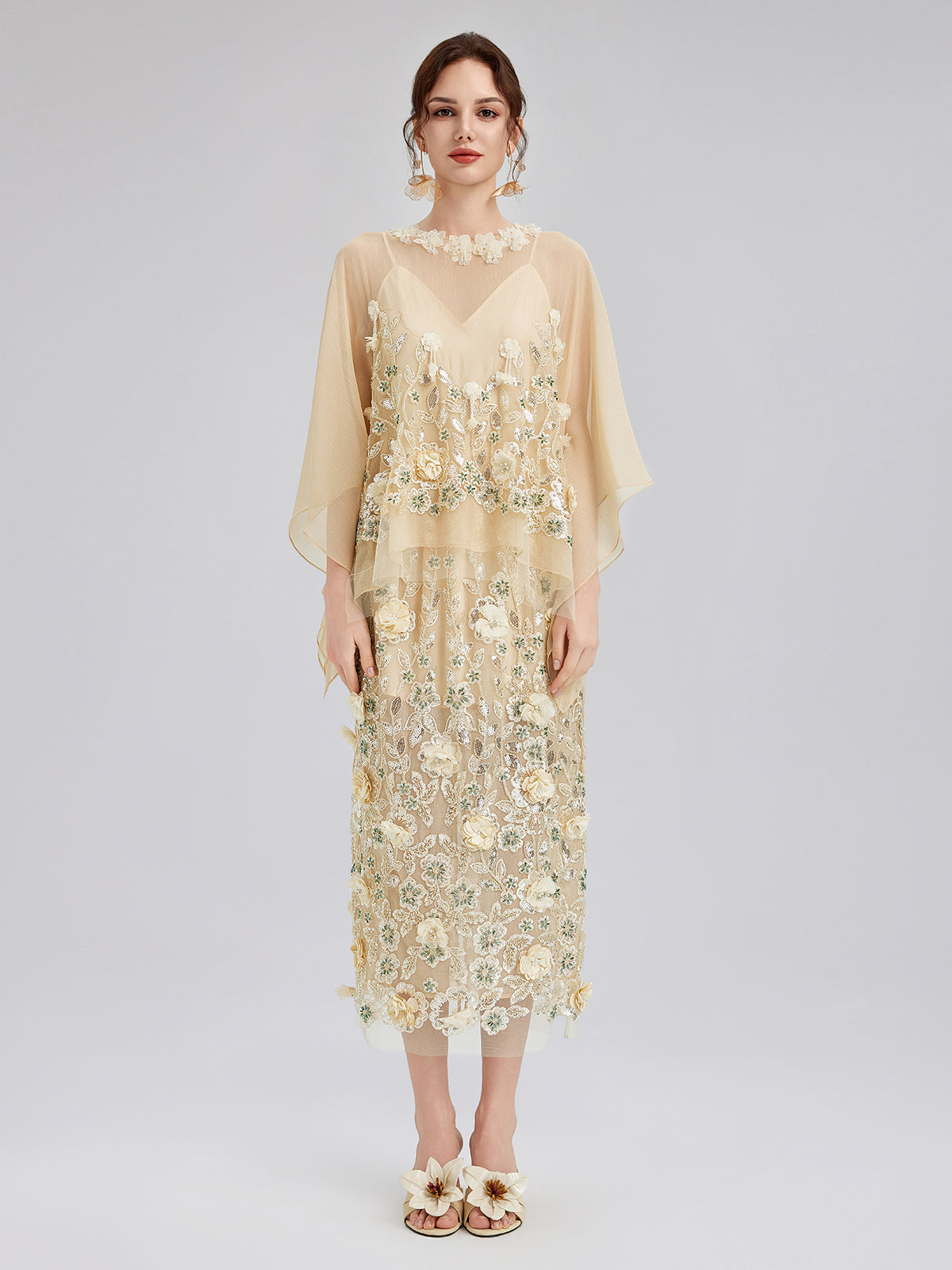 Embellished Floral Sequin Chiffon Skirt