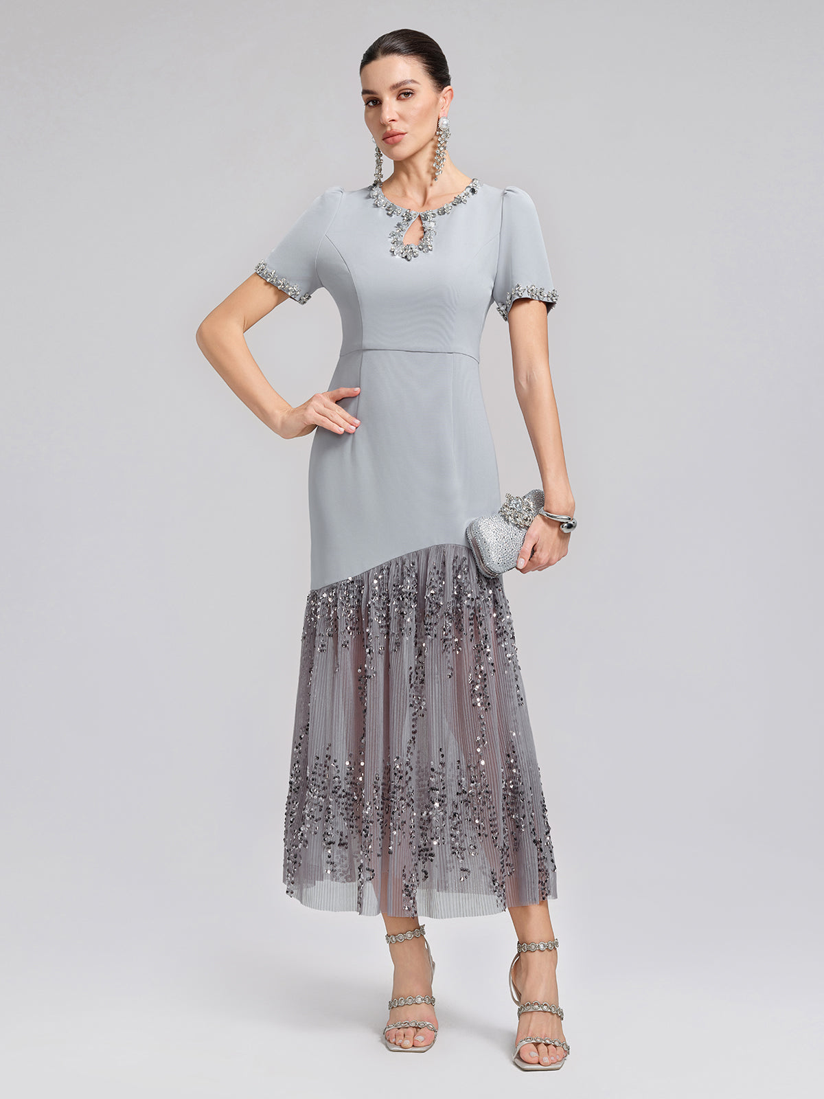 Hand-Beaded Sequin Tulle-Paneled Dress