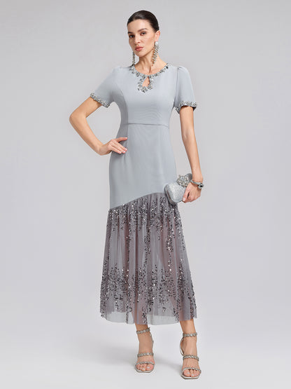 Hand-Beaded Sequin Tulle-Paneled Dress