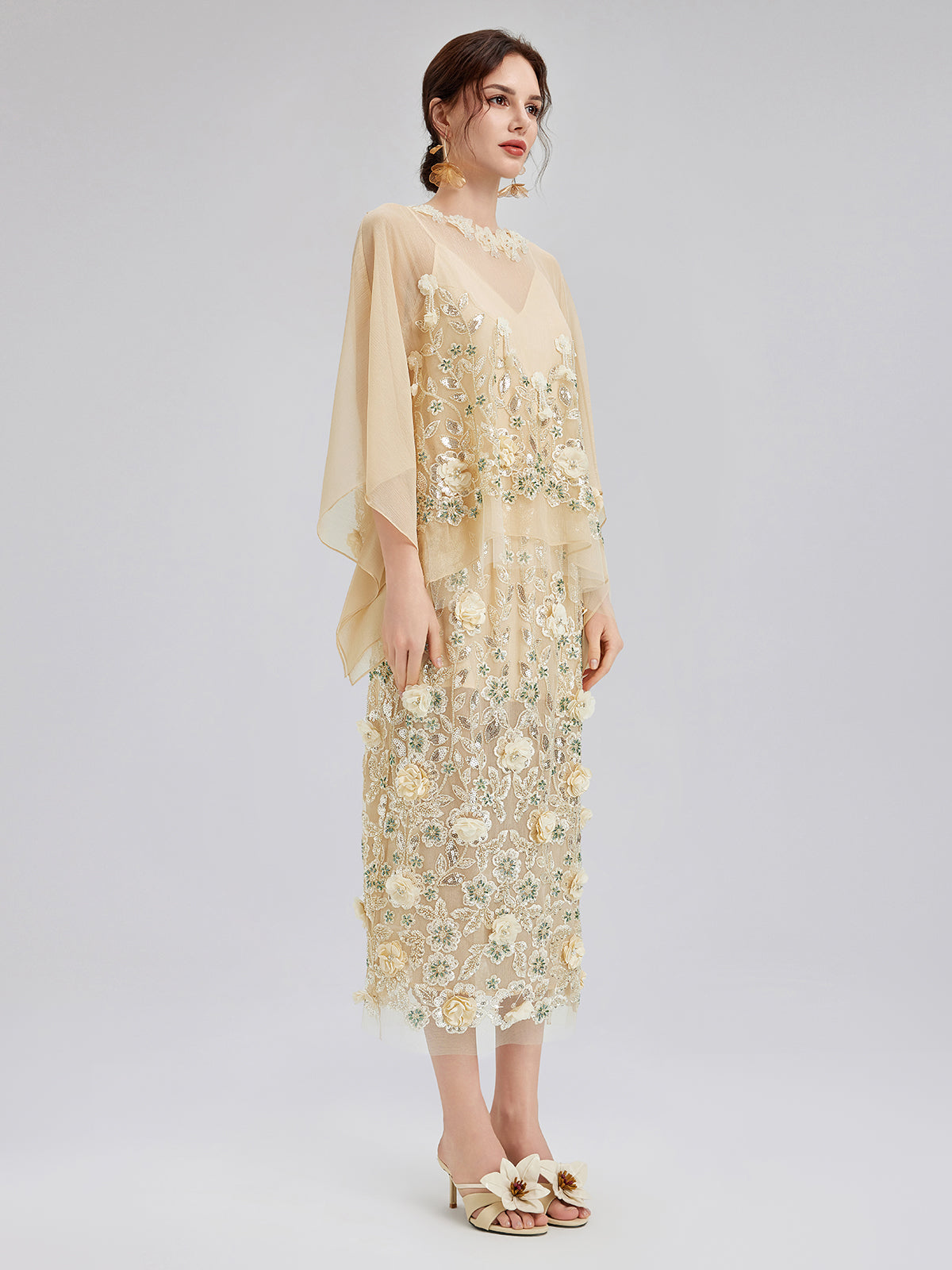 Embellished Floral Sequin Chiffon Skirt