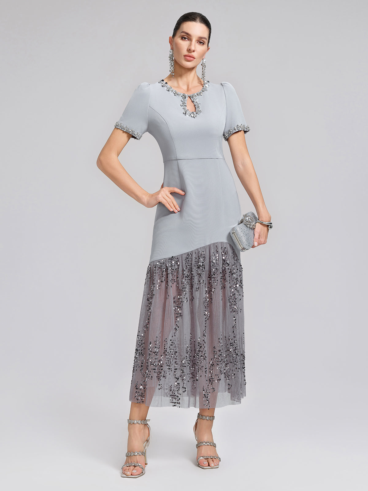 Hand-Beaded Sequin Tulle-Paneled Dress