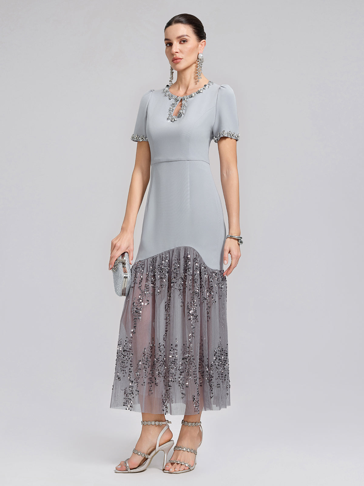 Hand-Beaded Sequin Tulle-Paneled Dress