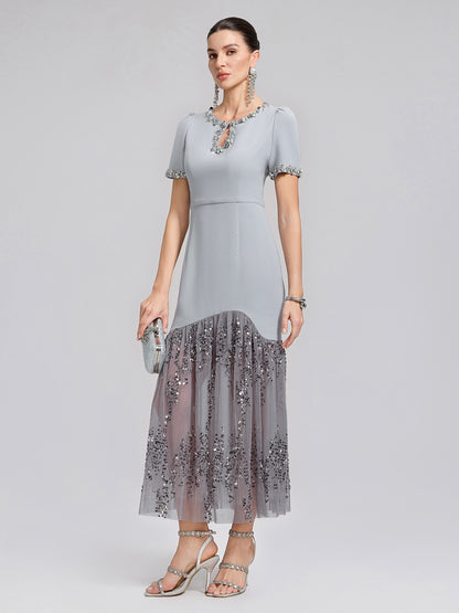 Hand-Beaded Sequin Tulle-Paneled Dress