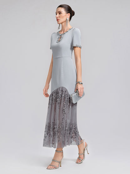 Hand-Beaded Sequin Tulle-Paneled Dress