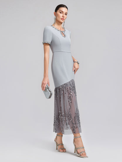 Hand-Beaded Sequin Tulle-Paneled Dress