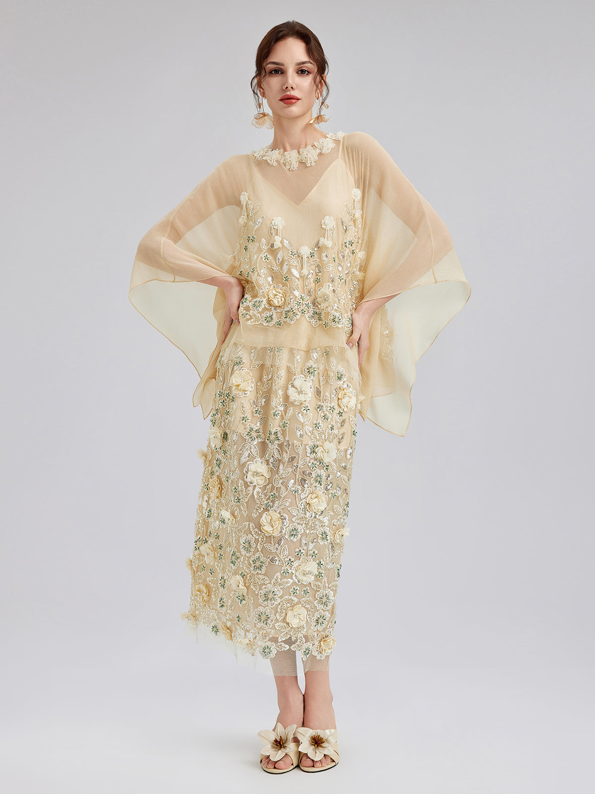 Embellished Floral Sequin Chiffon Skirt