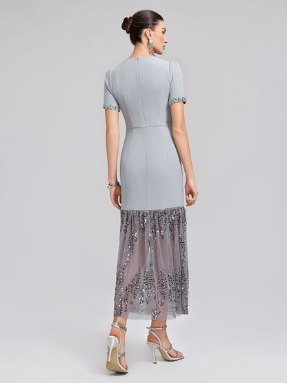 Hand-Beaded Sequin Tulle-Paneled Dress