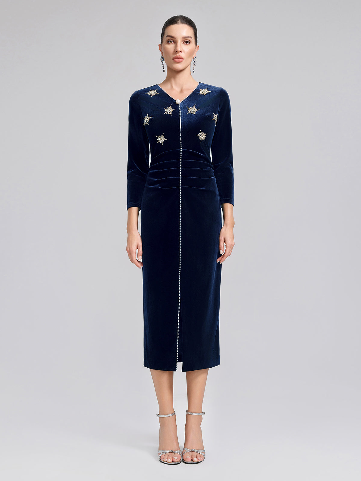 Hand-Beaded Velvet Fitted V-Neck Dress