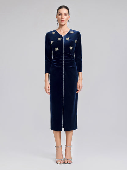 Hand-Beaded Velvet Fitted V-Neck Dress