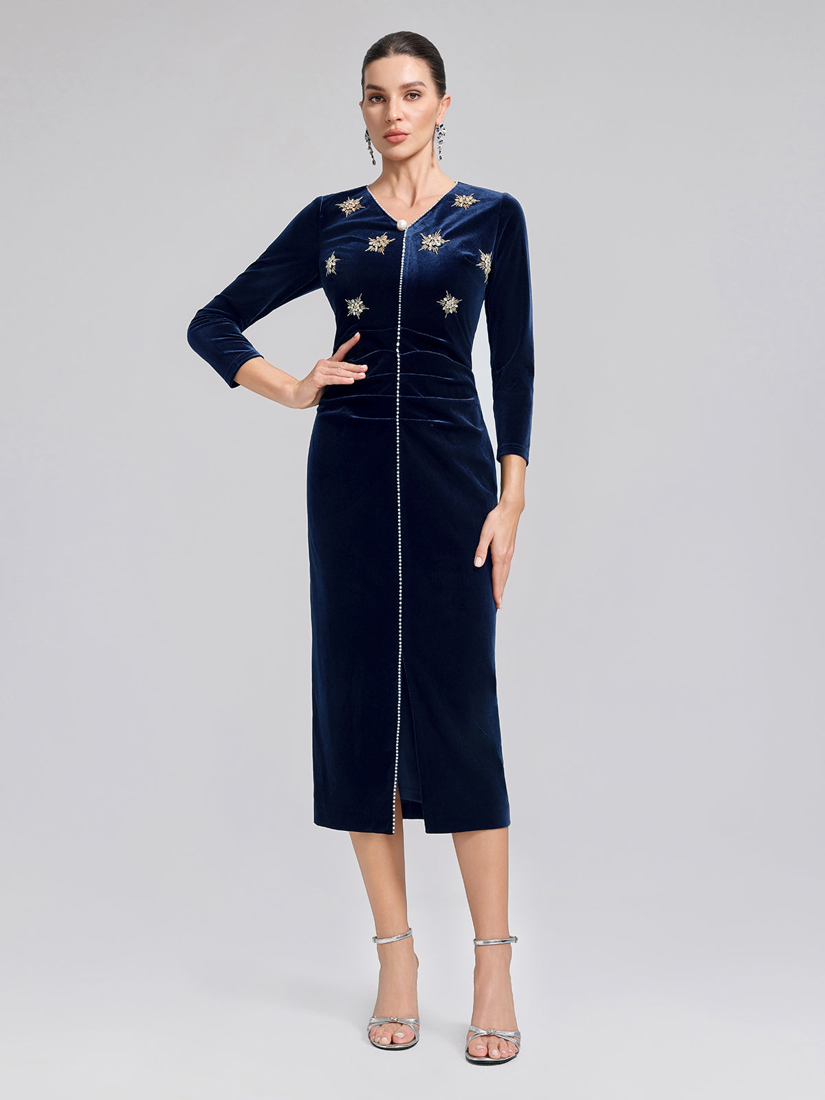 Hand-Beaded Velvet Fitted V-Neck Dress