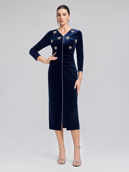 Hand-Beaded Velvet Fitted V-Neck Dress