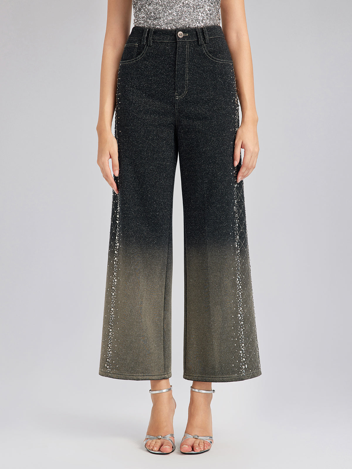 Handcrafted Rhinestone Gradient Knit Straight Pants