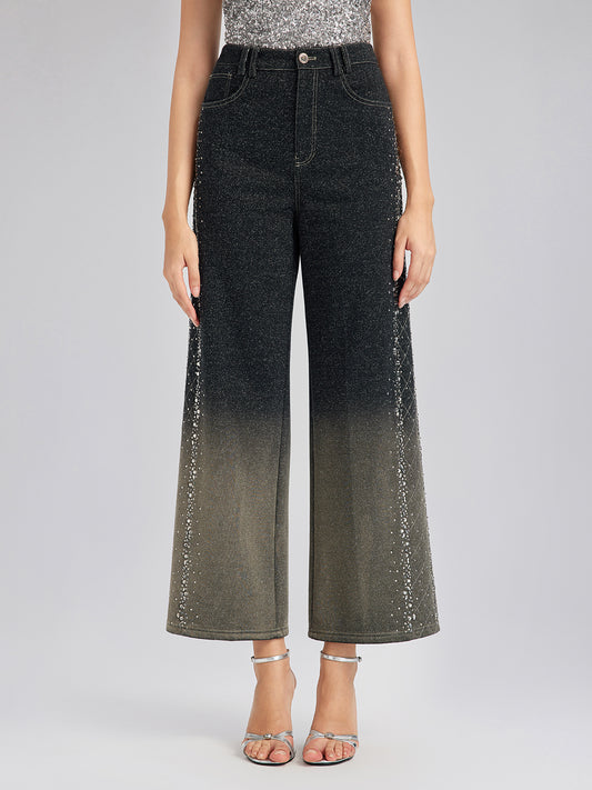 Handcrafted Rhinestone Gradient Knit Straight Pants