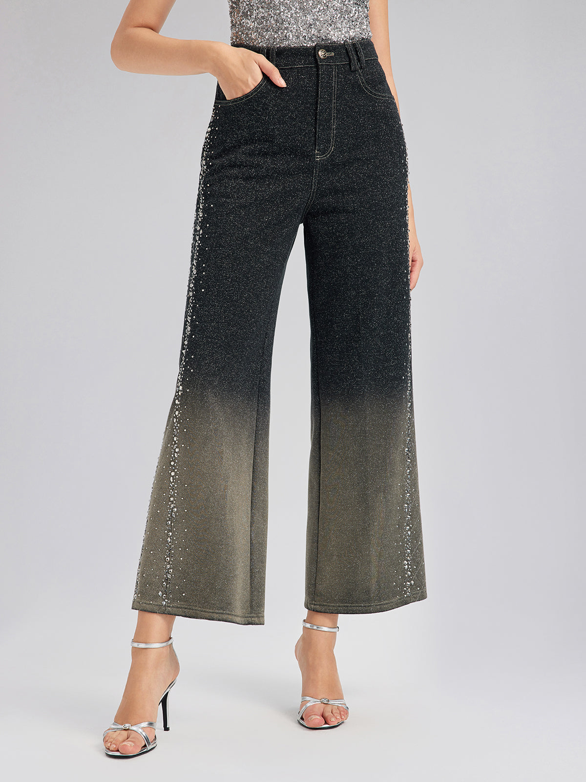 Handcrafted Rhinestone Gradient Knit Straight Pants