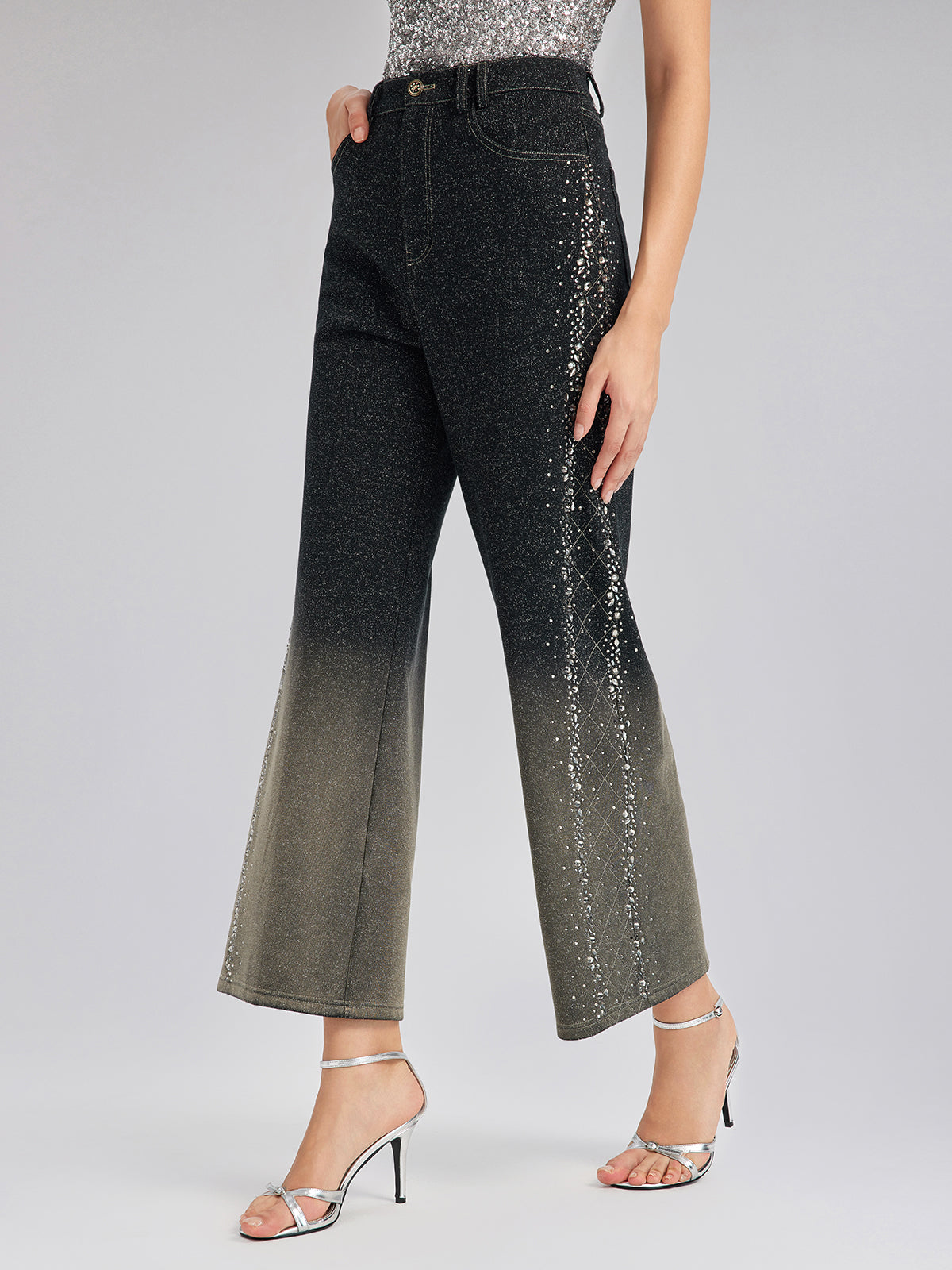 Handcrafted Rhinestone Gradient Knit Straight Pants