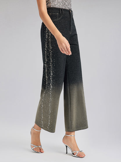 Handcrafted Rhinestone Gradient Knit Straight Pants