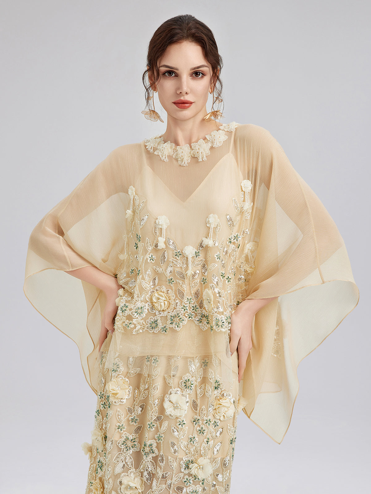 Embellished Floral Sequin Chiffon Blouse