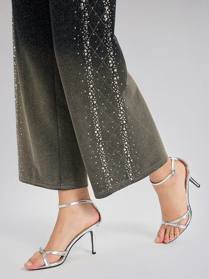 Handcrafted Rhinestone Gradient Knit Straight Pants