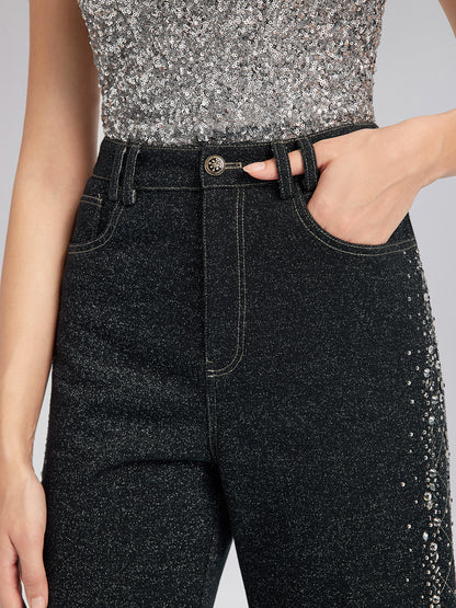 Handcrafted Rhinestone Gradient Knit Straight Pants