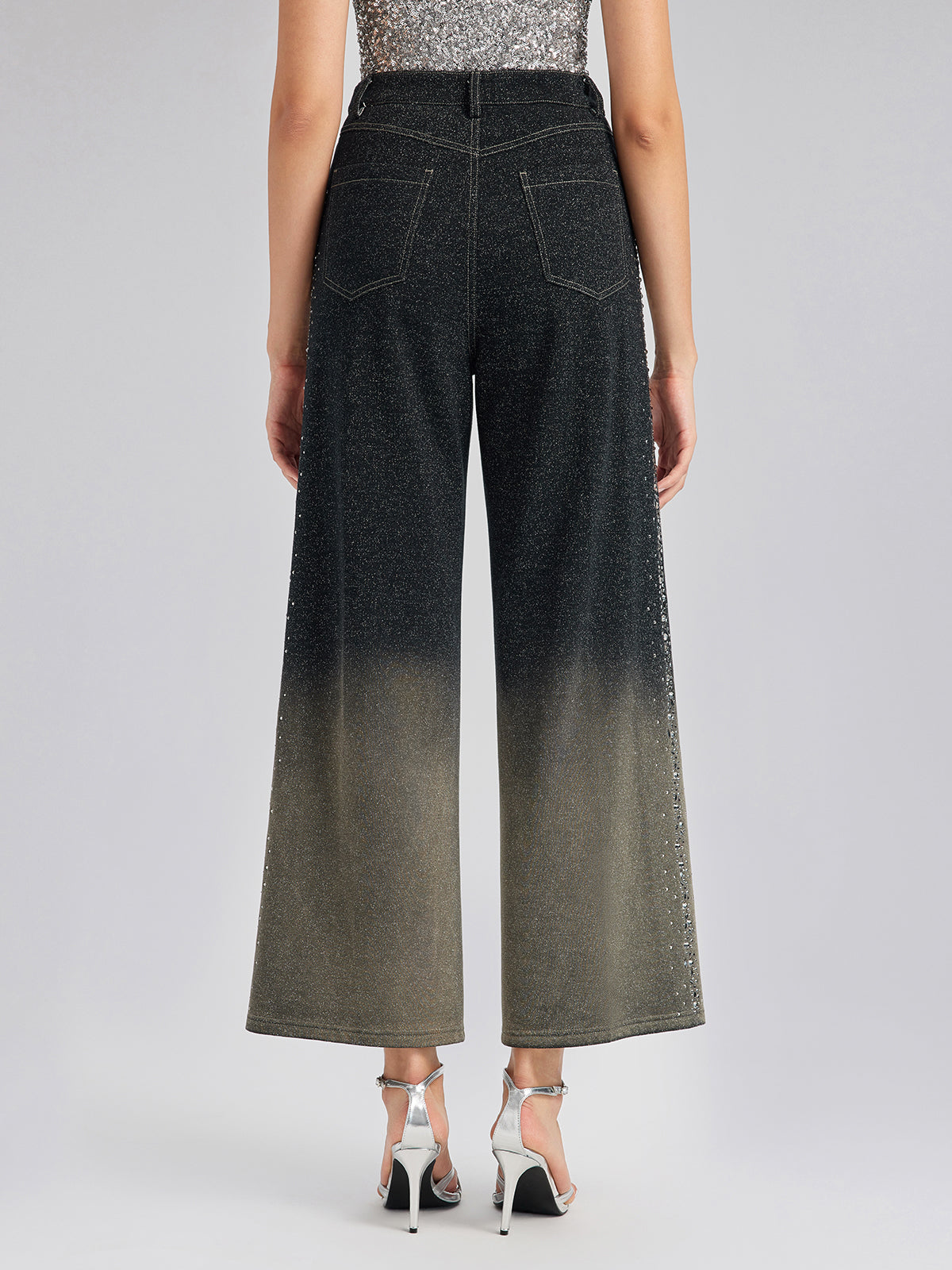 Handcrafted Rhinestone Gradient Knit Straight Pants