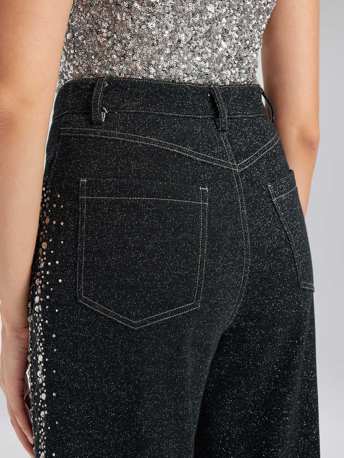 Handcrafted Rhinestone Gradient Knit Straight Pants