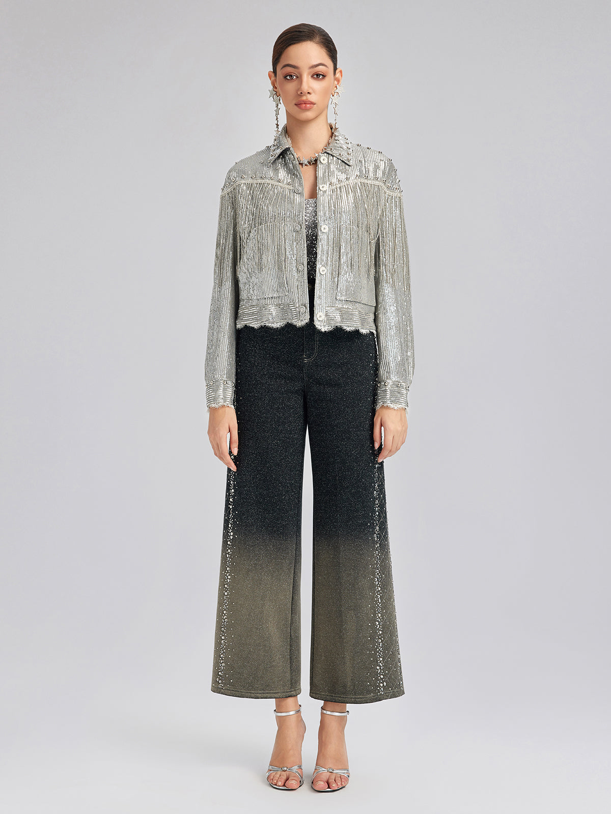 Handcrafted Rhinestone Gradient Knit Straight Pants