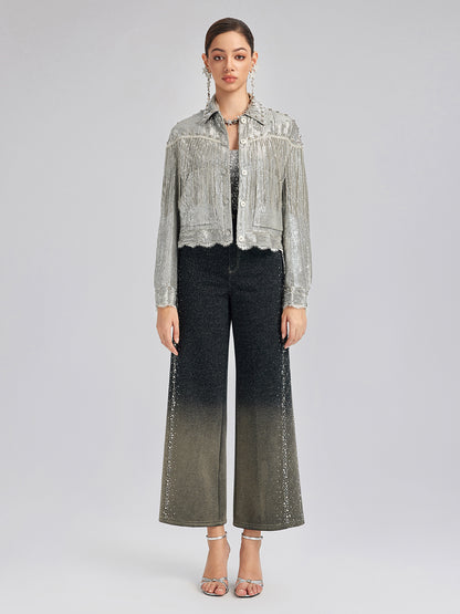 Handcrafted Rhinestone Gradient Knit Straight Pants