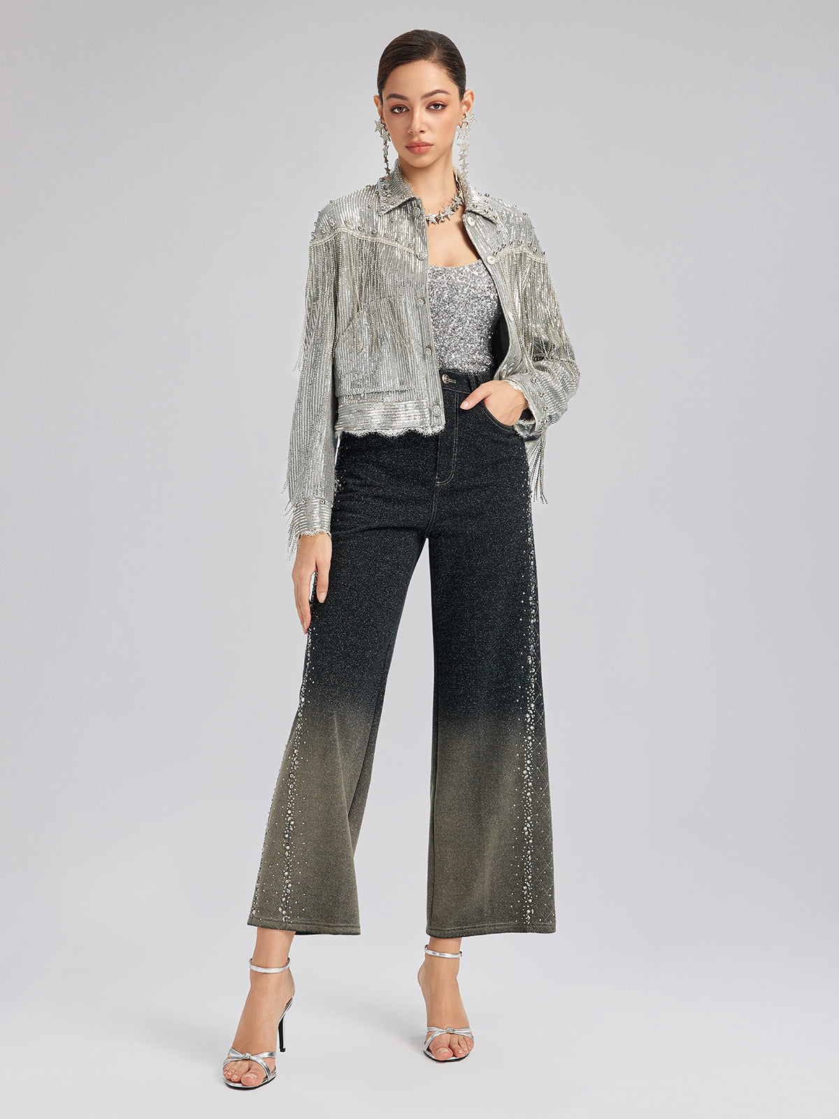 Handcrafted Rhinestone Gradient Knit Straight Pants