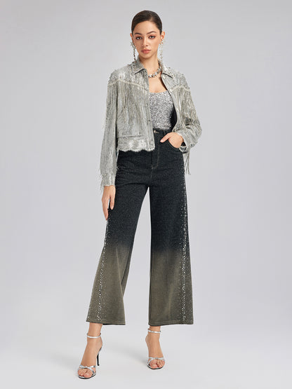 Handcrafted Rhinestone Gradient Knit Straight Pants