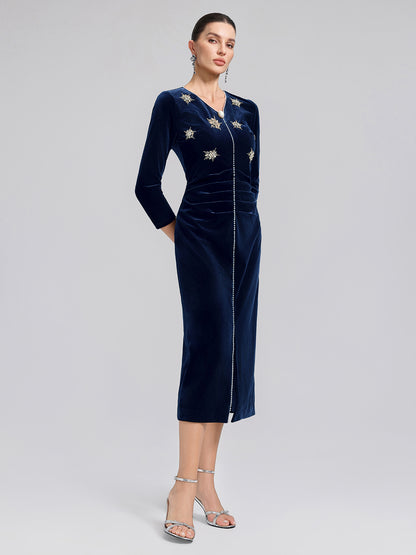 Hand-Beaded Velvet Fitted V-Neck Dress