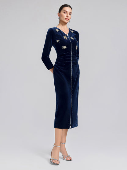 Hand-Beaded Velvet Fitted V-Neck Dress
