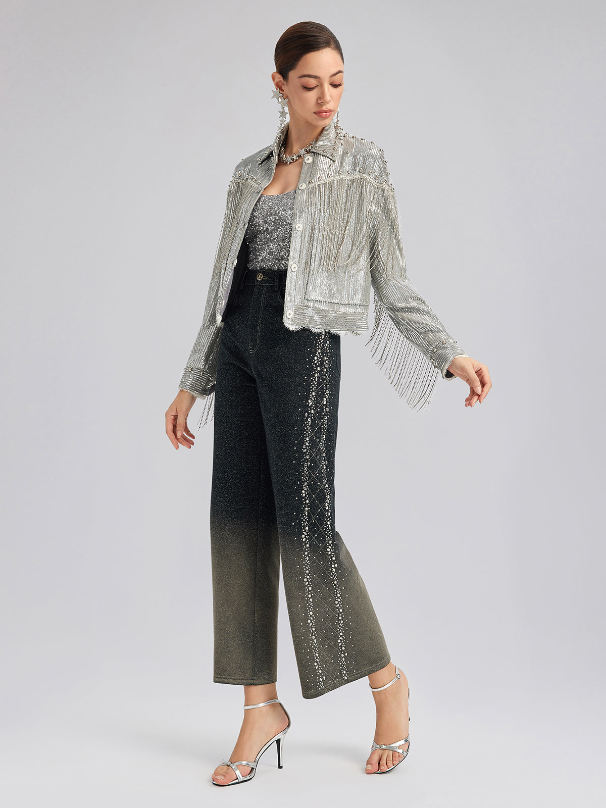 Handcrafted Rhinestone Gradient Knit Straight Pants