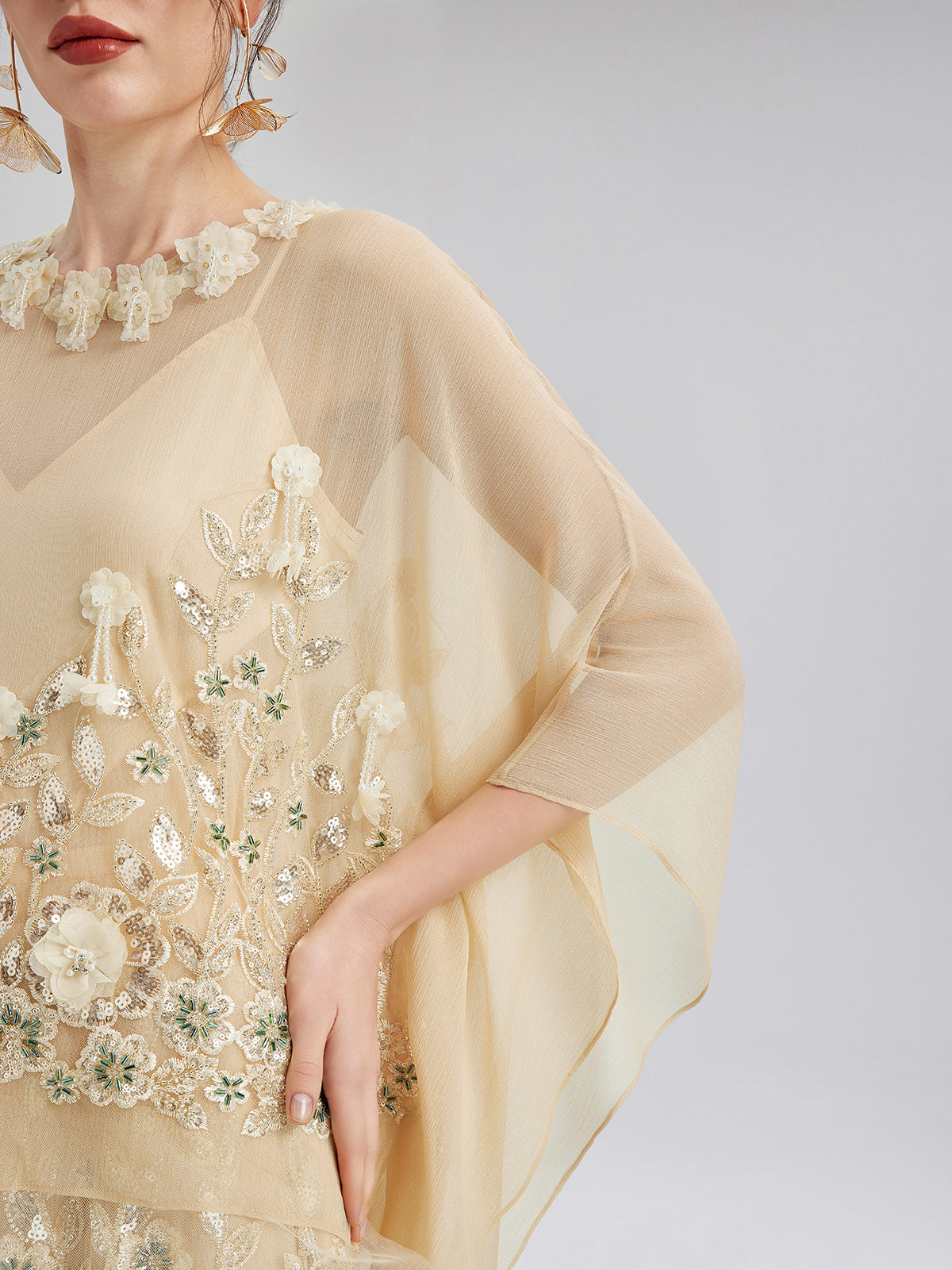 Embellished Floral Sequin Chiffon Blouse