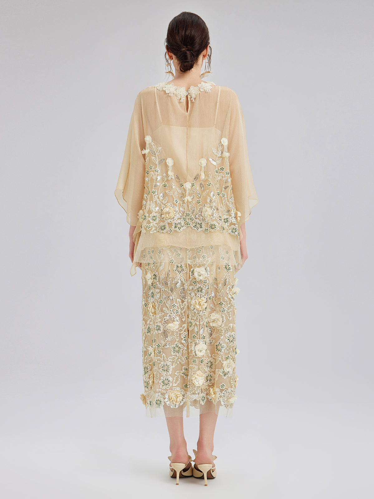 Embellished Floral Sequin Chiffon Skirt