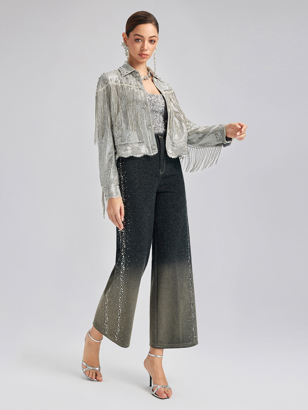 Handcrafted Rhinestone Gradient Knit Straight Pants