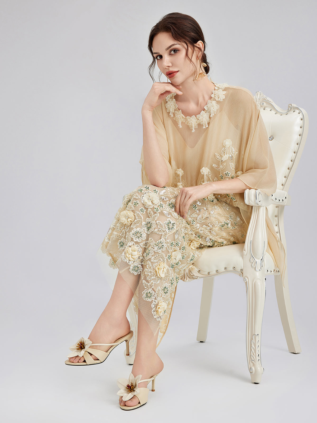 Embellished Floral Sequin Chiffon Blouse